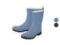 Ein Paar blaue Gummistiefel mit schwarzen Sohlen und weißem Futter.