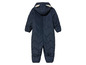 Ein dunkelblauer Winteroverall für Babys mit Kapuze.