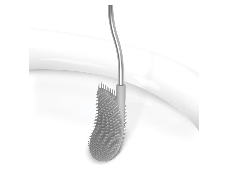 Eine graue Toilettenbürste mit gebogenem Griff