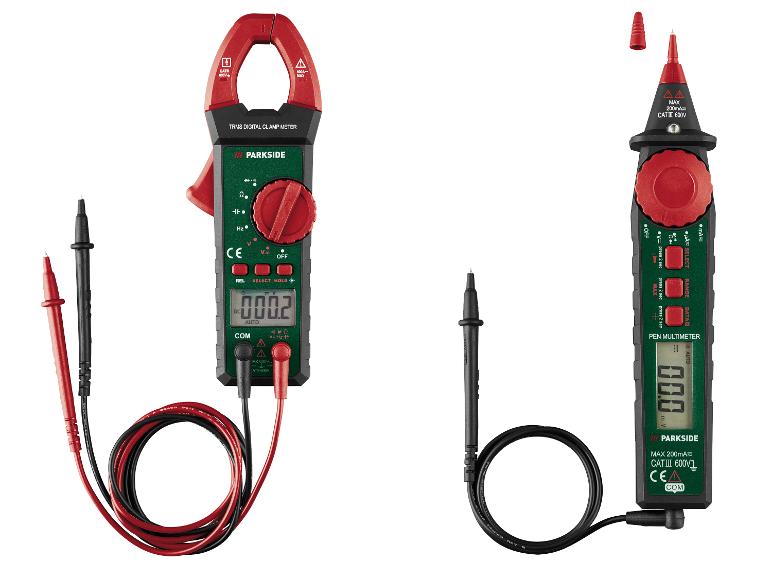 PARKSIDE Digital-Zangenmessgerät und Stift-Multimeter mit Prüfleitungen.