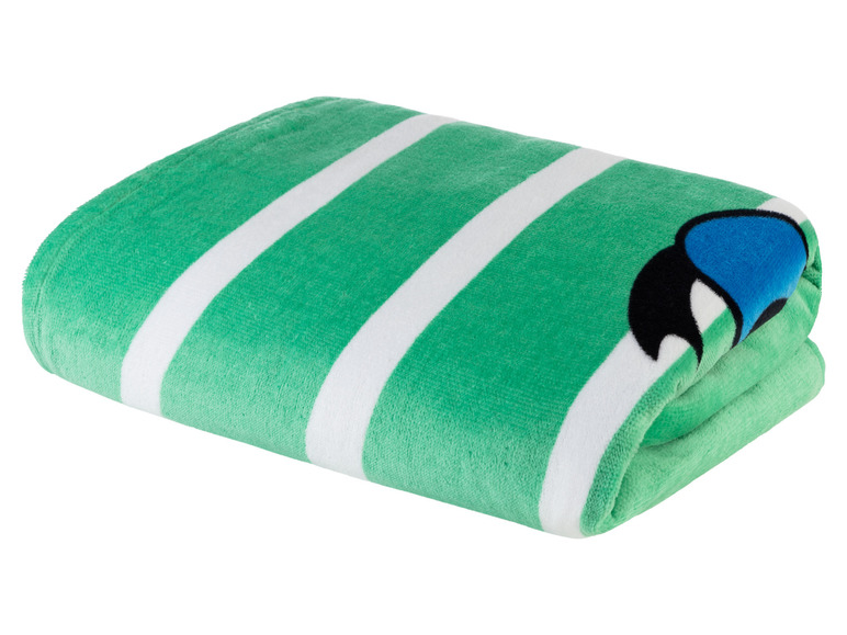 Ein grünes Handtuch mit weißen Streifen, gefaltet.