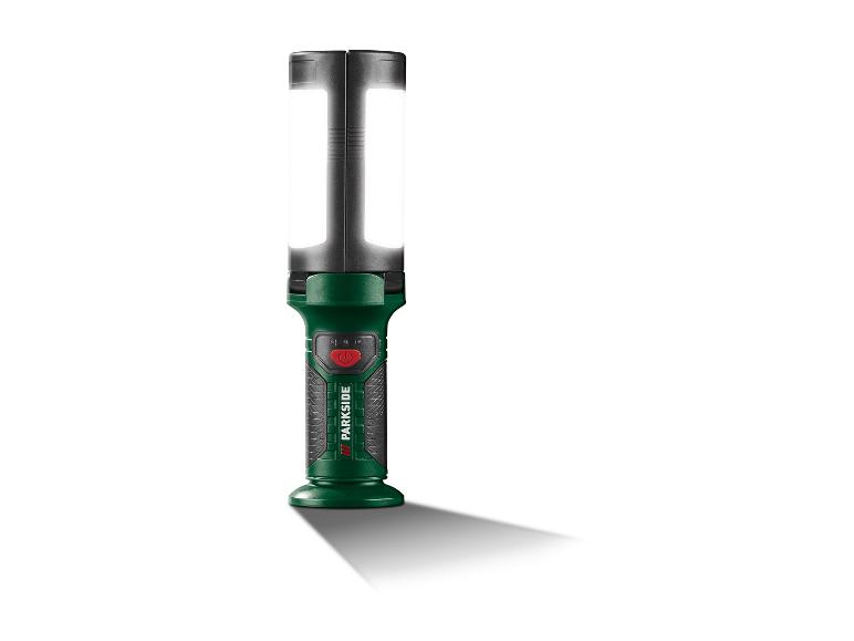 Eine grüne Parkside Arbeitsleuchte mit zwei LED-Lampen.