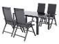 Gartenmöbel-Set mit schwarzem Tisch und vier Klappstühlen.