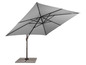 Ein grauer Sonnenschirm mit einem Stahlrahmen und einem quadratischen Sockel.