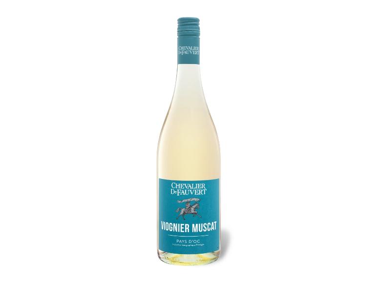 Weißwein Viognier Muscat mit Etikett, das einen Ritter zu Pferd zeigt