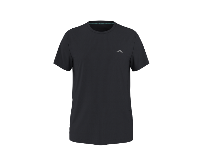 Schwarzes kurzärmeliges Sport-T-Shirt mit kleinem Logo auf der Brust.