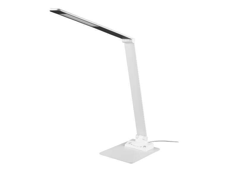 Moderne weiße LED-Schreibtischlampe mit verstellbarem Arm und Touch-Bedienfeld.