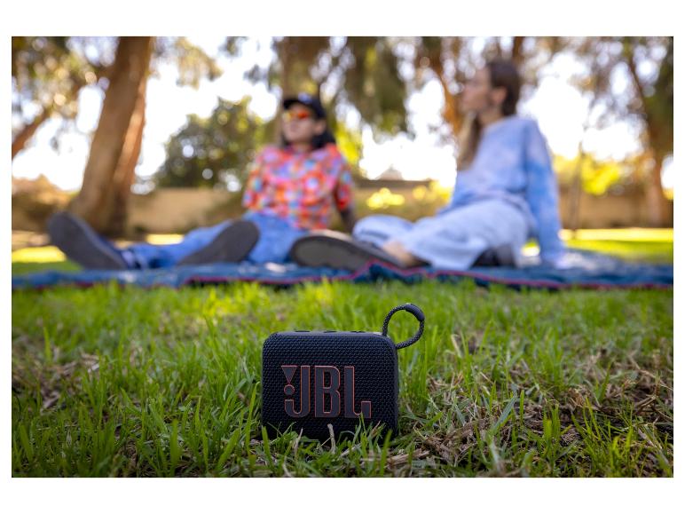JBL-Lautsprecher auf Gras, im Hintergrund verschwommene Personen beim Picknick.