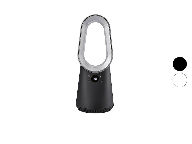 Schwarzer turmförmiger, blattloser Ventilator mit Digitalanzeige und silbernen Akzenten.