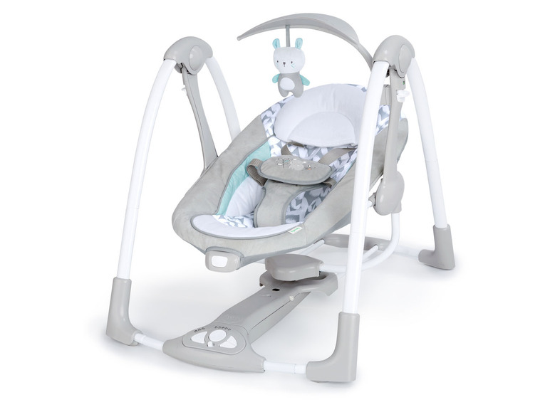Ein grauer Babyschaukelstuhl mit weißem Gestell und grauer und blauer Polsterung.