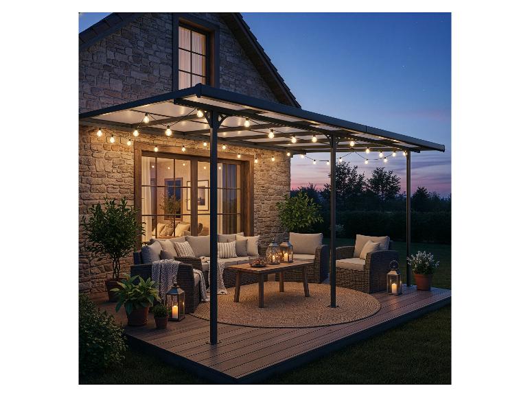 Pergola mit Lichterketten über einer Holzterrasse mit Gartenmöbeln und Pflanzen, in der Dämmerung.
