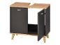 Badezimmerschrank mit heller Holzplatte, dunkelgrauen Türen und Holzfüßen.