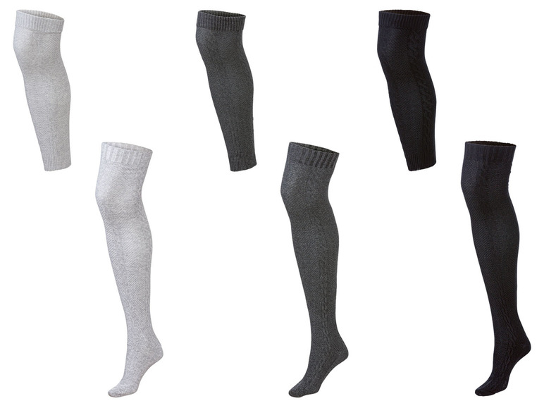 Schwarze, graue und weiße Strick-Kniestrümpfe.