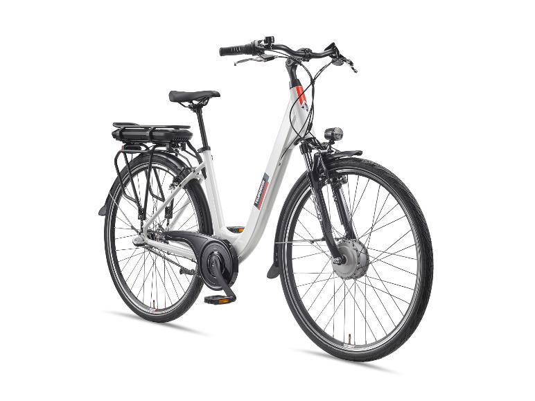 Weißes City-E-Bike mit Gepäckträger und Akku