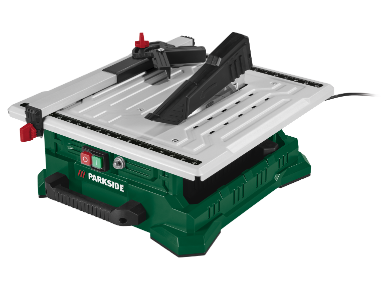Eine kompakte, grün-weiße Tischsäge mit sichtbarem Sägeblatt und Führung.