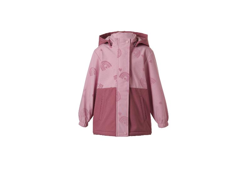 Rosa Kinderjacke mit Kapuze und Regenbogen- und Herzmotiven.
