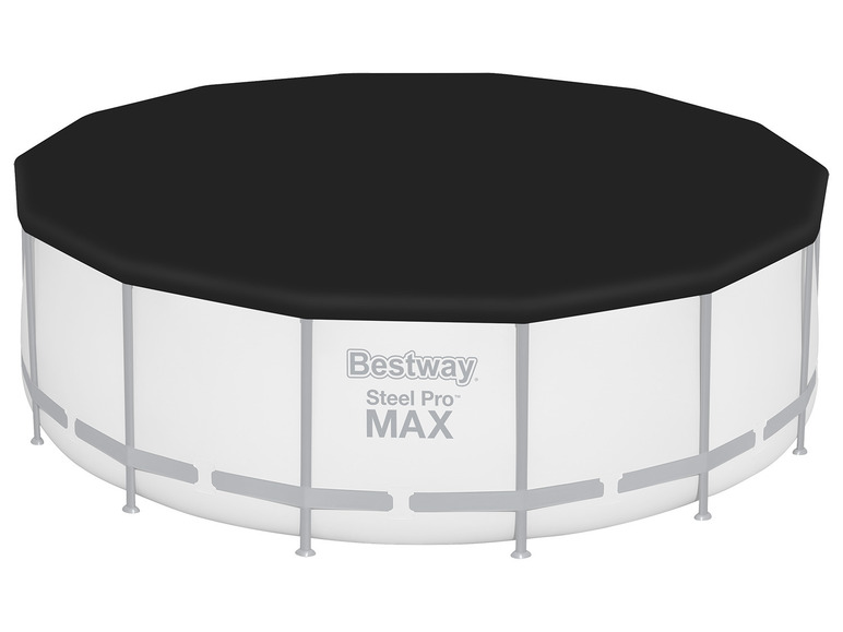 Eine schwarze Abdeckung für ein Bestway Steel Pro Max Schwimmbecken.