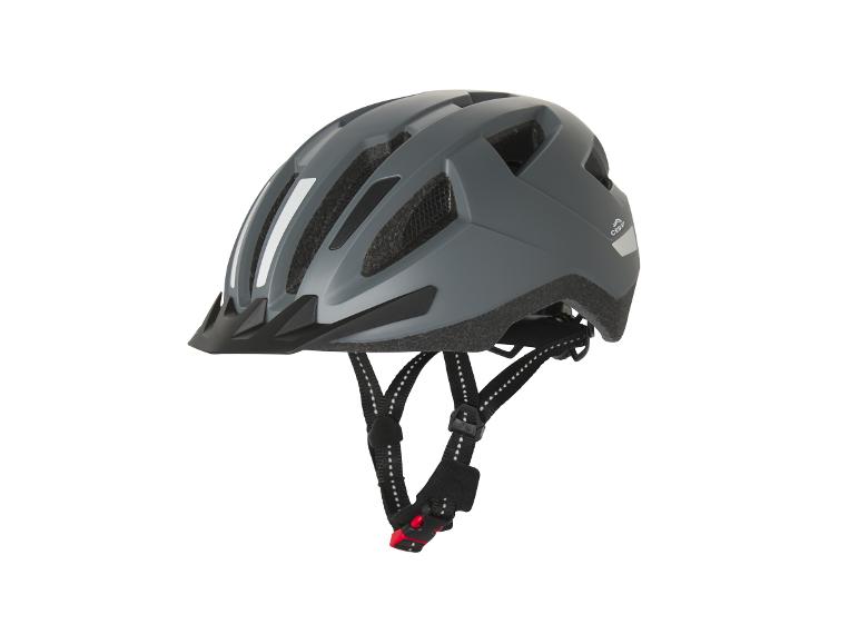 Crivit grauer Fahrradhelm mit schwarzen Riemen und roter Schnalle