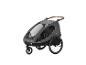 Grau-schwarzer Hauck Fahrradanhänger und Kinderwagen mit braunem Griff.