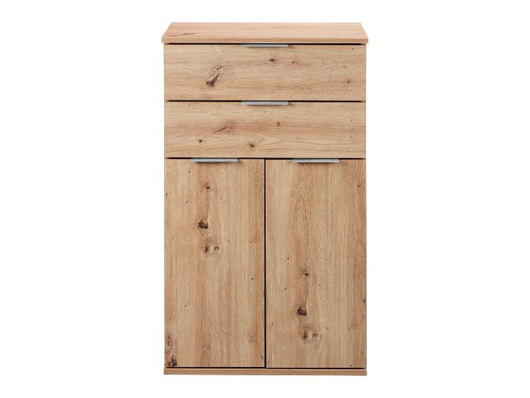 Hoher Holzschrank mit zwei Schubladen und zwei unteren Türen.