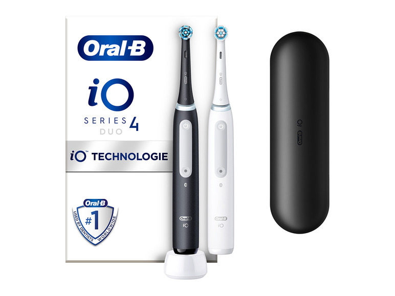 Zwei Oral-B iO Series 4 elektrische Zahnbürsten mit Ladestation und Etui.