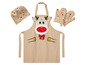 Weihnachts-Schürze mit Rentiermotiv, Ofenhandschuhen und Kochmütze.