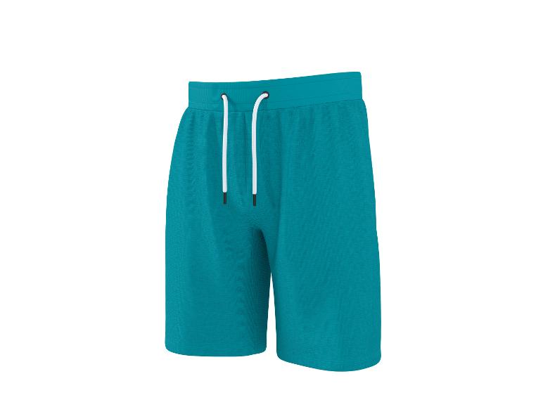 Türkisblaue Sweatshorts mit weißem Kordelzug.
