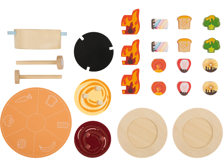 Kinder-Fondue-Set aus Holz mit Spielzubehör.