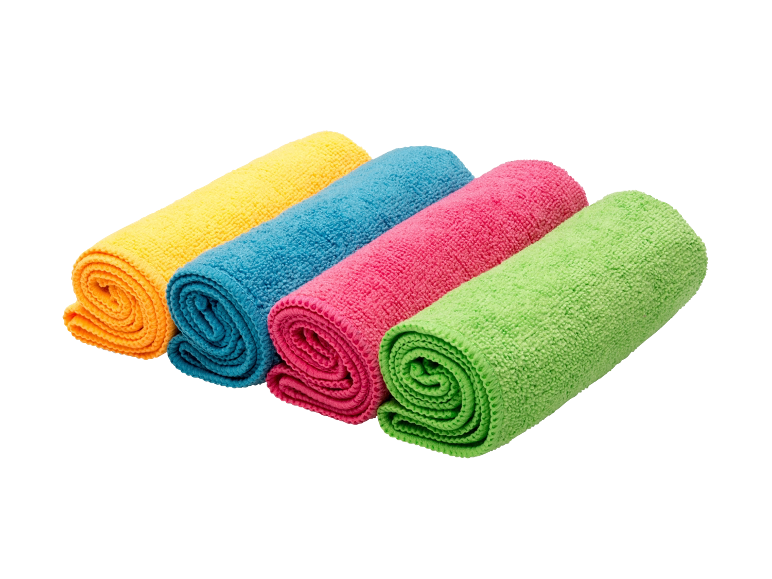 Gerollte Mikrofasertücher in Gelb, Blau, Pink und Grün