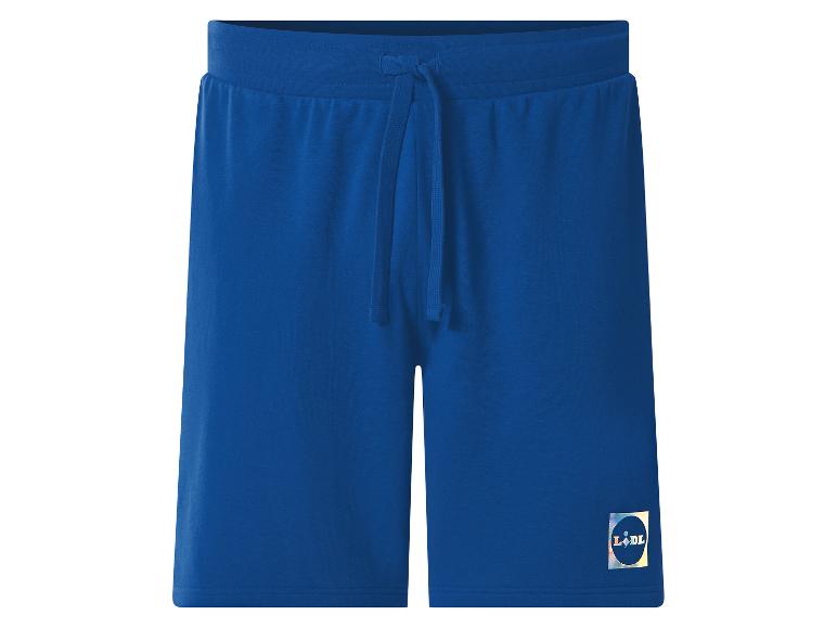 Blaue Sporthose mit Kordelzug und kleinem, irisierendem Logo.