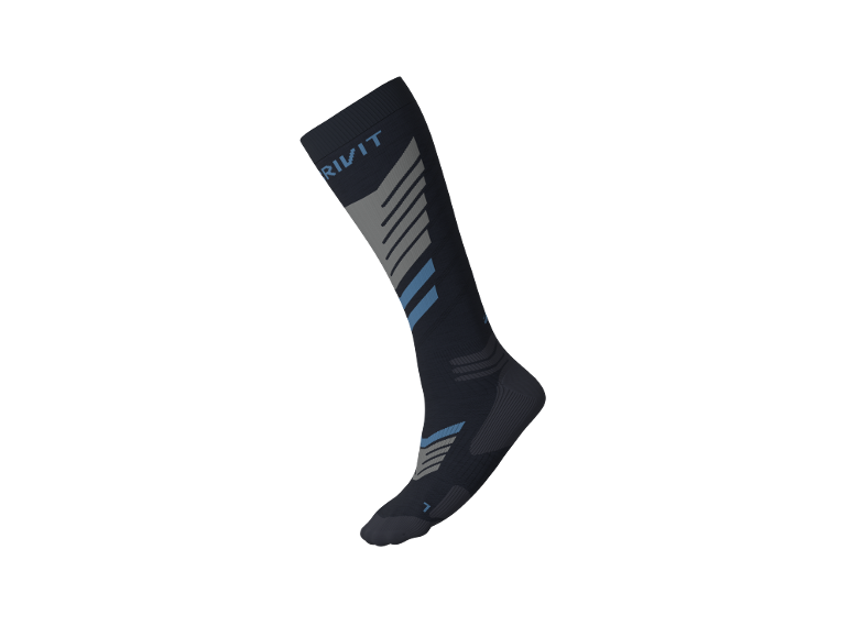Dunkelblaue hohe Sportsocke mit grauen und hellblauen Details.