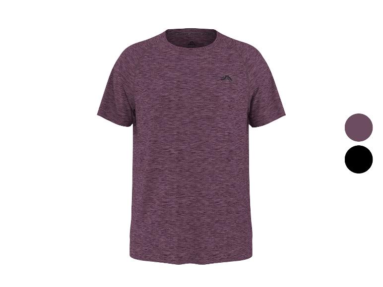 Lila kurzärmeliges Sport-T-Shirt mit kleinem Logo auf der Brust, daneben Farbmuster.