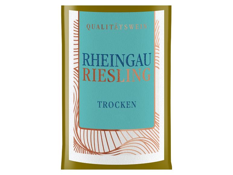 Rheingau Riesling Trocken Weinetikett mit türkisfarbenem Hintergrund und Kupferakzenten.