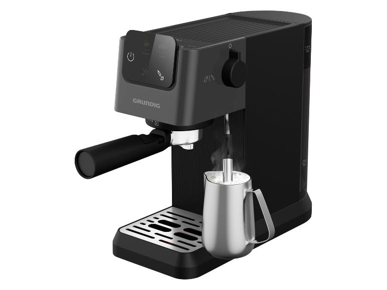 Schwarze Espressomaschine mit Milchaufschäumer, zeigt Optionen für Espresso und doppelten Espresso.