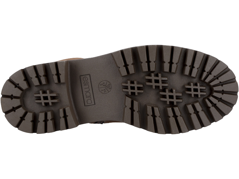 Braune Stiefelsohle mit Profil, Branding und Größen EUR 37, US 6, UK 4.