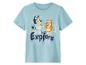 Hellblaues Kinder-T-Shirt mit zwei Cartoon-Hunden und dem Text „Let's Explore“.