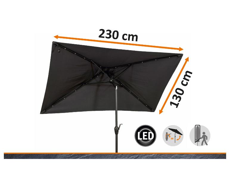 Schwarzer rechteckiger Gartenschirm mit LED, 230x130 cm groß