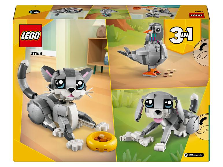 LEGO Creator 3-in-1 Box mit Katzen-, Tauben- und Hundemodellen.