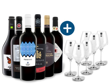 6 x 0,75-l-Flasche Weinpaket Primitivo entdecken mit 6er Rotwein-Gläserset Leonardo