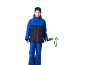 Kind in blauem Skianzug mit Steppjacke, Hose und Skistöcken.