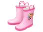 Rosa Kindergummistiefel mit Zeichentrickfiguren und Dinosauriern.