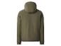 Rückenansicht einer olivgrünen Herrenjacke mit Kapuze, elastischen Bündchen und Saum.