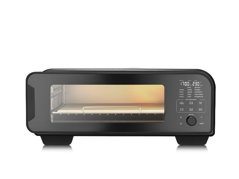 Schwarzer digitaler Toasterofen mit Display für Zeit, Temperatur und Kochmodi.