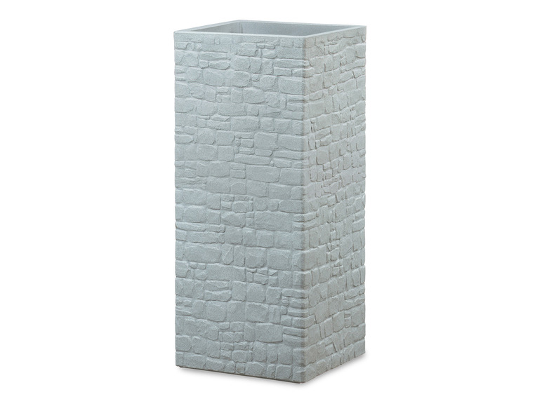 Ein rechteckiger Blumentopf mit Steinstruktur.