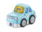 Ein blaues VTech Spielzeugauto mit einem fröhlichen Gesicht.