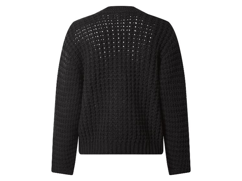 Schwarzer Strickpullover mit Lochstrickdetails an Schultern und Rücken.