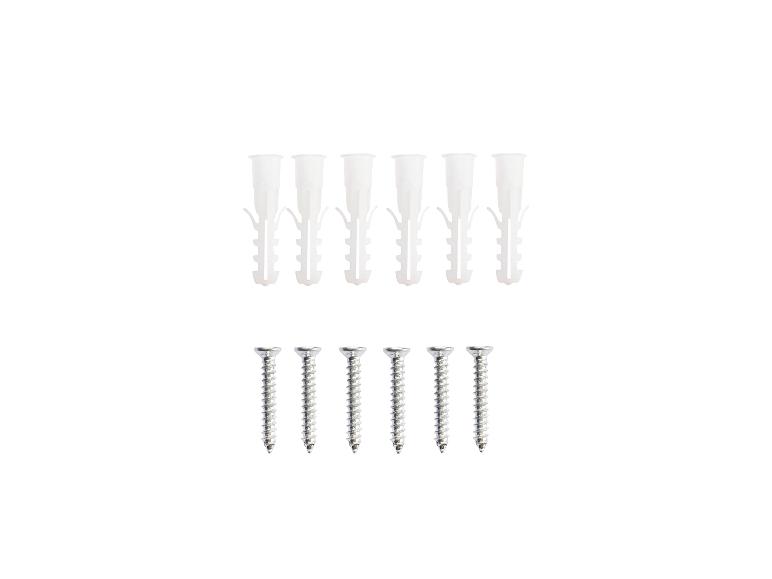 Fünf weiße Dübel und vier Schrauben