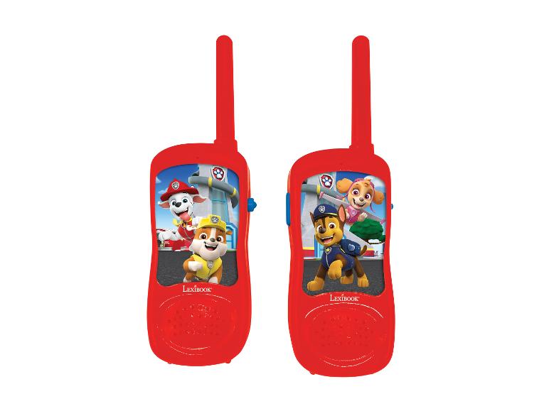 Zwei rote Lexibook Paw Patrol Walkie-Talkies mit Charakterbildern.