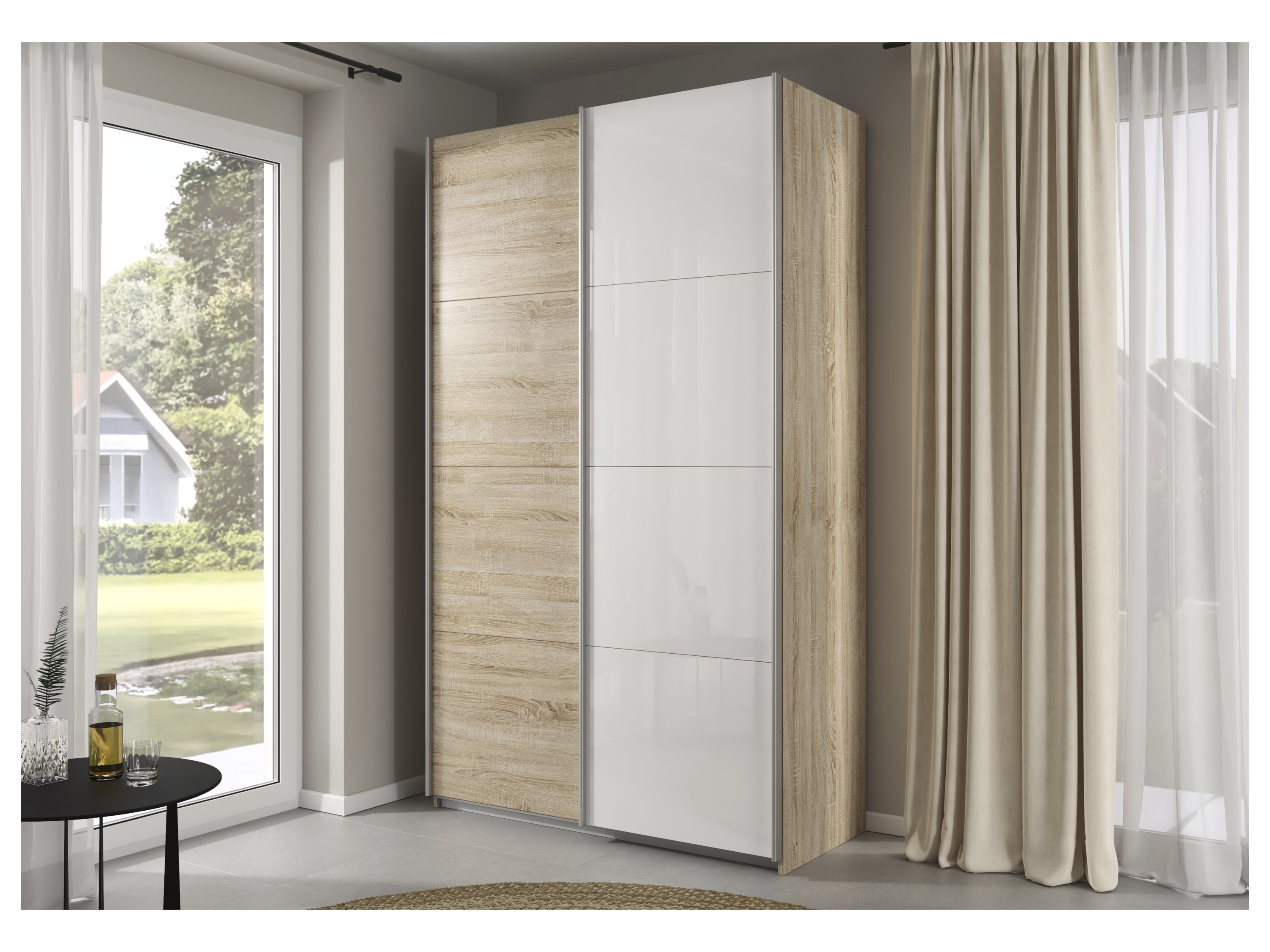 RAUCH ORANGE Quadra Schwebetürenschrank mit Glaselementen (Premium-Zubehör, Korpus:Eiche, Glas:Weiß, 136 x 230 cm) – Bild 2 von 4