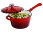 Roter Gusseisen-Topf mit Deckel und grüner Suppe